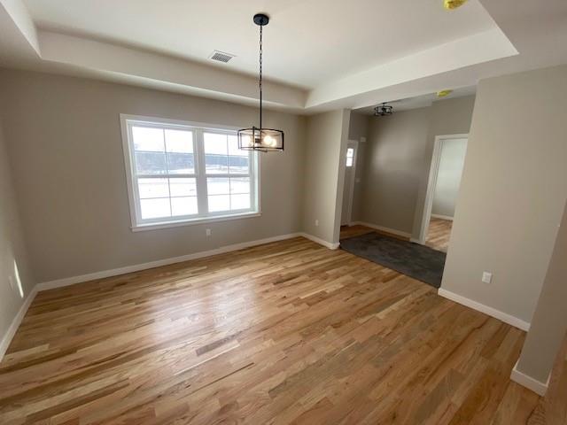 unfurnished dining area with hardwood / wood-style flooring and a tray ceiling