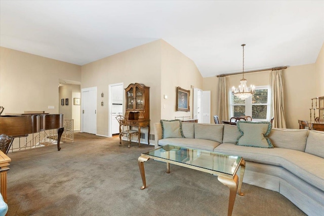 carpeted living room featuring baseboards, an inviting chandelier, and vaulted ceiling