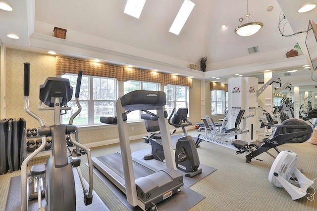 workout area with baseboards, visible vents, lofted ceiling with skylight, a tray ceiling, and carpet floors