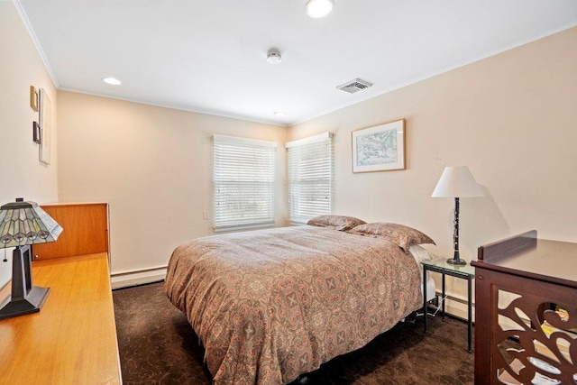 carpeted bedroom with crown molding, a baseboard radiator, recessed lighting, visible vents, and baseboards