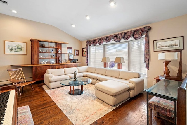 living room with recessed lighting, dark wood-style flooring, visible vents, and vaulted ceiling