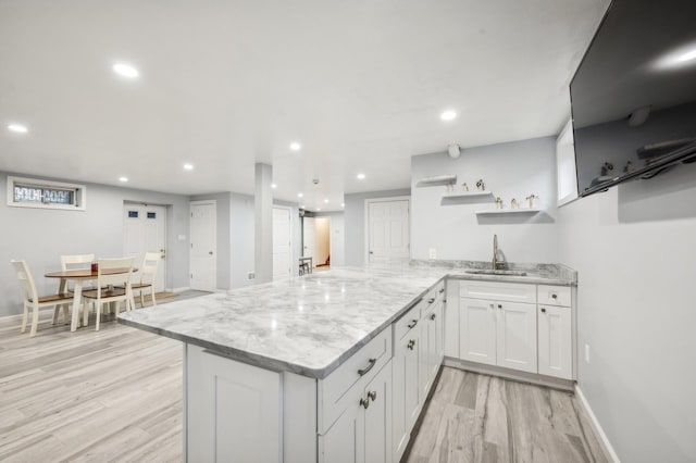 kitchen featuring light stone counters, a peninsula, a sink, white cabinets, and open shelves