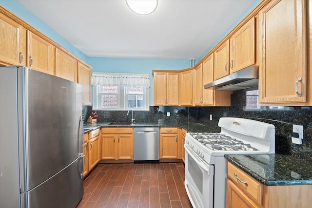 kitchen with under cabinet range hood, dark stone countertops, stainless steel appliances, and backsplash