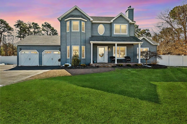 view of front of home featuring a chimney, aphalt driveway, an attached garage, fence, and a porch