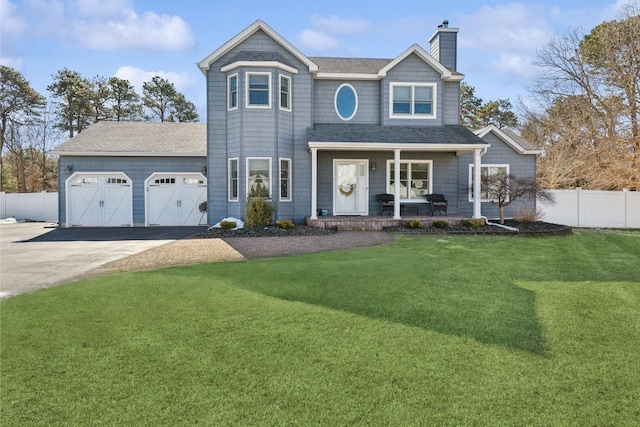 view of front of home with a chimney, aphalt driveway, an attached garage, covered porch, and fence