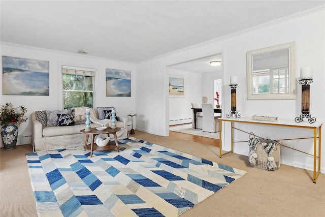 living room featuring a baseboard radiator, crown molding, carpet, and plenty of natural light