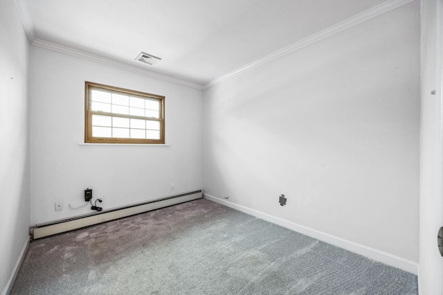 unfurnished room featuring crown molding, a baseboard radiator, and carpet flooring