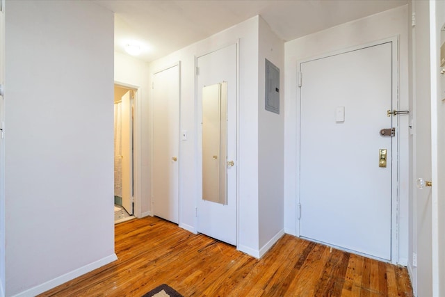 entrance foyer featuring electric panel, baseboards, and wood finished floors