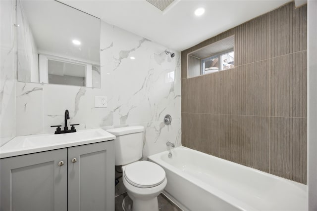 full bathroom featuring shower / tub combination, toilet, tile walls, decorative backsplash, and vanity