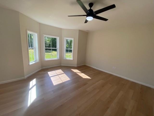 unfurnished room with ceiling fan and light hardwood / wood-style floors