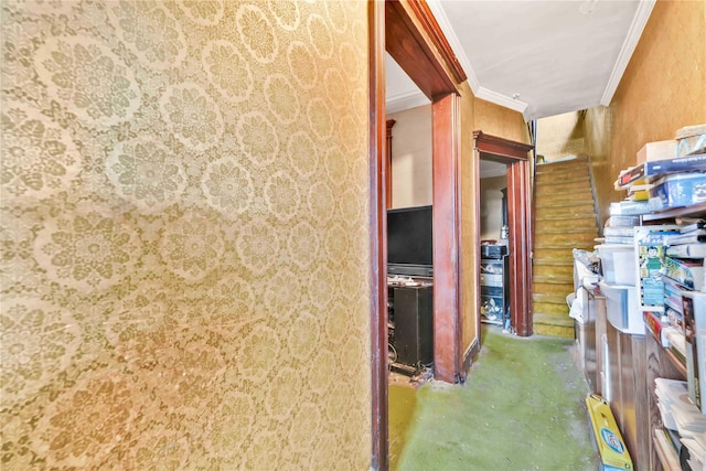 corridor with crown molding and concrete floors