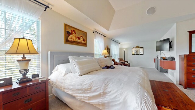 bedroom with lofted ceiling, baseboards, visible vents, and light colored carpet