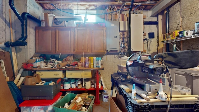 unfinished basement featuring electric panel