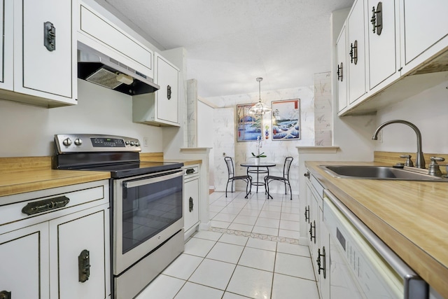 kitchen featuring decorative light fixtures, electric range, white cabinetry, a sink, and white dishwasher