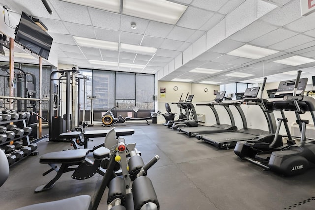 gym featuring expansive windows and a drop ceiling