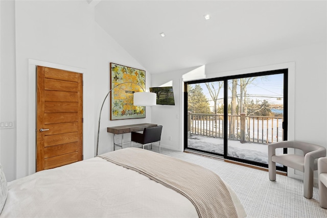 bedroom featuring access to exterior, high vaulted ceiling, and carpet