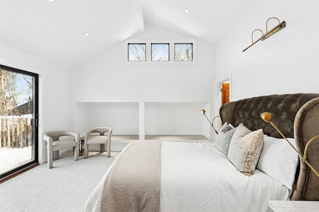 carpeted bedroom with lofted ceiling and access to exterior