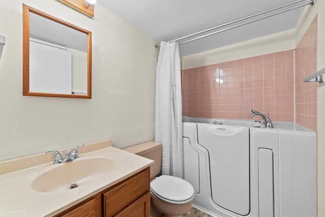 bathroom with a tub, a shower with curtain, vanity, and toilet