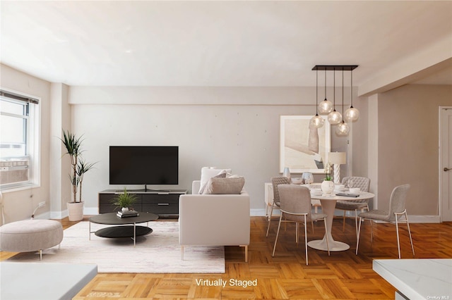 living room featuring light parquet floors