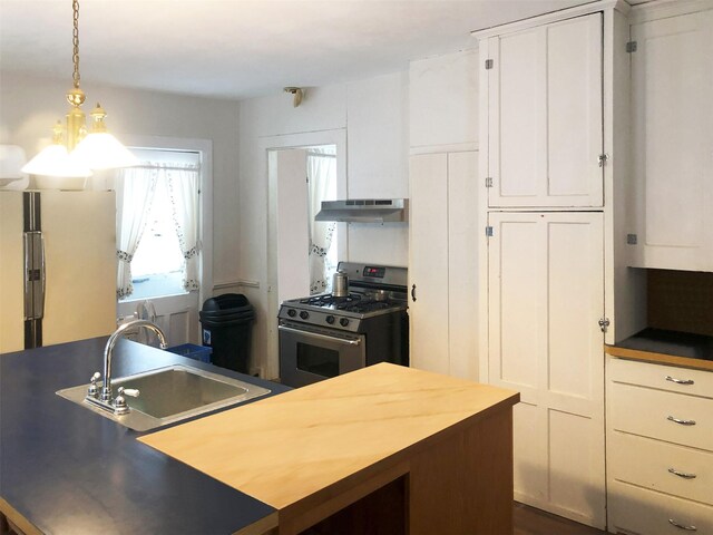 285 Shew Hollow Rd, Call Listing Agent, NY 12093 - kitchen with stainless steel gas range oven, a sink, freestanding refrigerator, under cabinet range hood, and white cabinetry