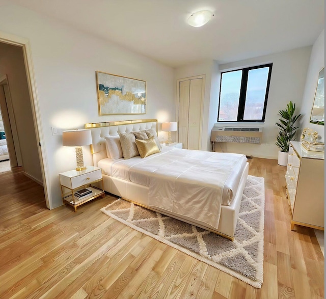 bedroom with light wood finished floors and a closet