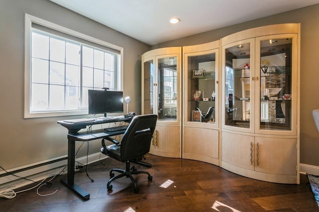 office space with dark wood-style floors, recessed lighting, and baseboards