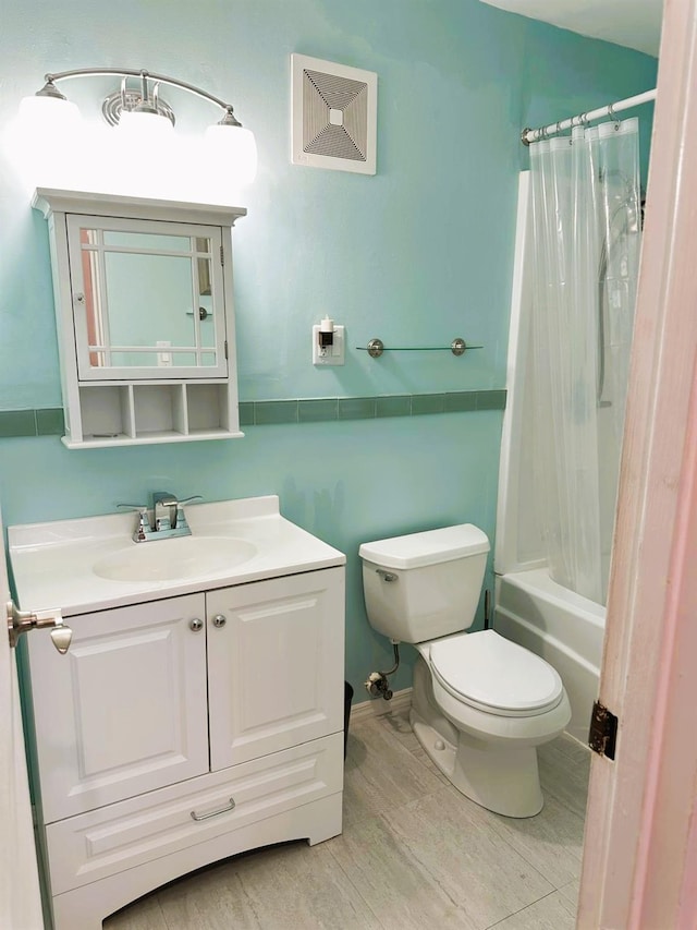 full bathroom with toilet, shower / bath combination with curtain, wood-type flooring, and vanity