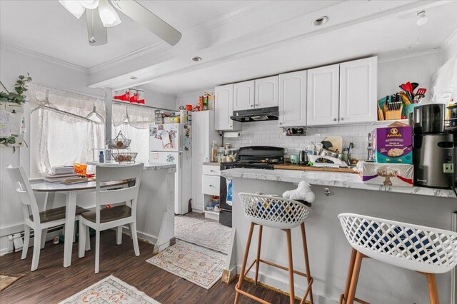 kitchen with dark wood finished floors, crown molding, tasteful backsplash, white cabinetry, and under cabinet range hood