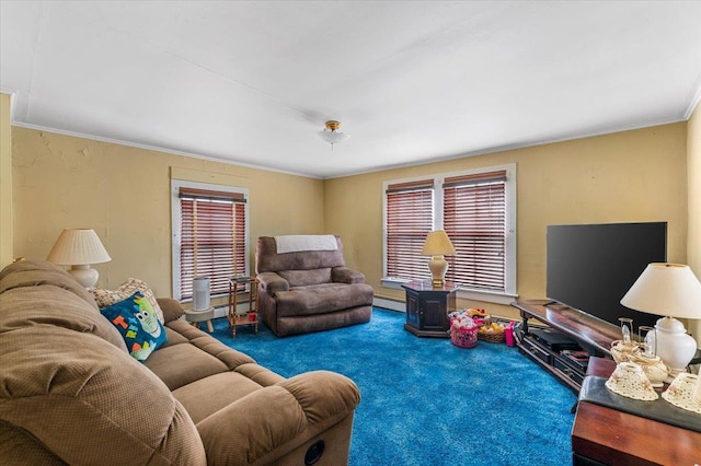 carpeted living room featuring ornamental molding and a baseboard heating unit