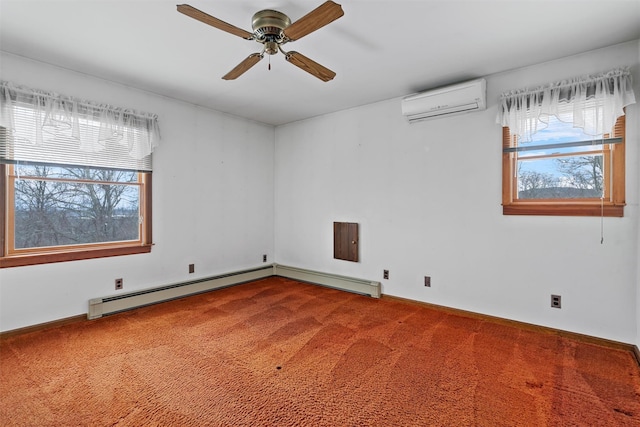 empty room featuring ceiling fan, a wall mounted AC, carpet, and a baseboard radiator