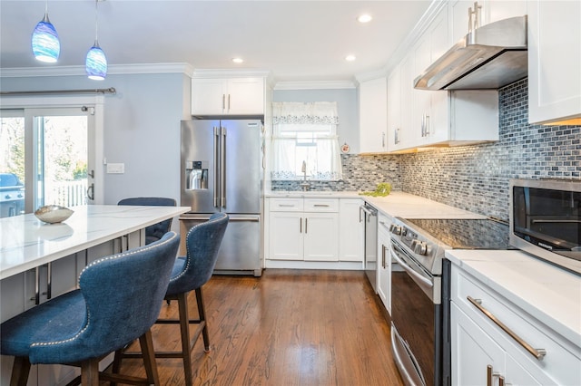 kitchen featuring crown molding, appliances with stainless steel finishes, a healthy amount of sunlight, white cabinets, and under cabinet range hood