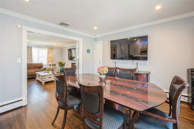 dining area with a baseboard radiator, recessed lighting, visible vents, ornamental molding, and wood-type flooring