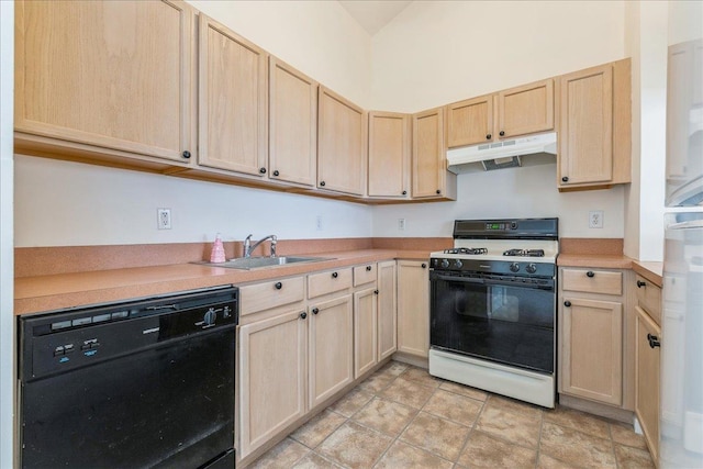 kitchen featuring sink, white gas range oven, dishwasher, and light brown cabinets