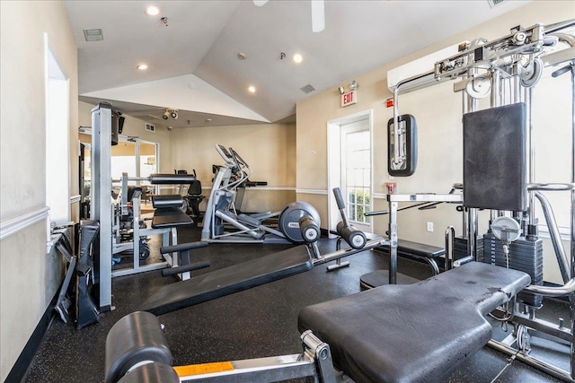 exercise room with vaulted ceiling