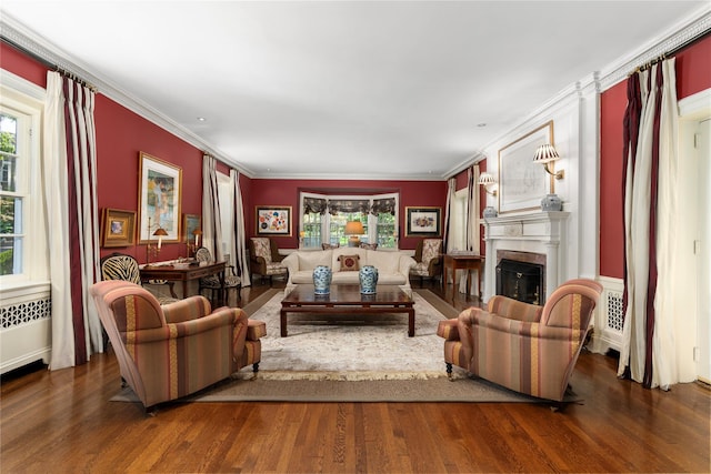 133AKA139 Hampshire Rd, Bronxville, NY 10708 - living room featuring crown molding, a fireplace, wood finished floors, and radiator heating unit