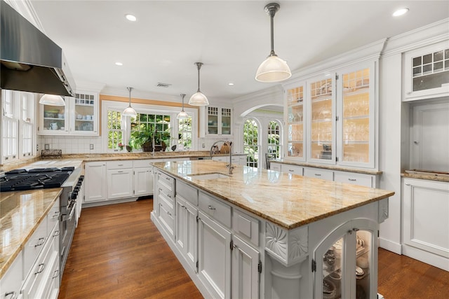 133AKA139 Hampshire Rd, Bronxville, NY 10708 - kitchen featuring wall chimney exhaust hood, a center island with sink, tasteful backsplash, dark wood-type flooring, and a sink