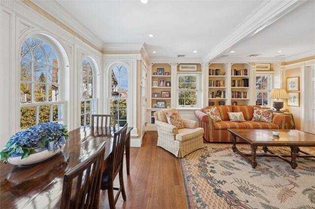 133AKA139 Hampshire Rd, Bronxville, NY 10708 - living area featuring ornamental molding, wood finished floors, recessed lighting, and built in shelves