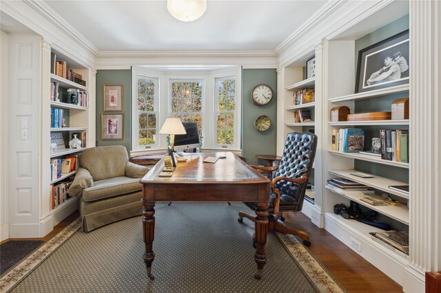 133AKA139 Hampshire Rd, Bronxville, NY 10708 - office space featuring ornamental molding, built in shelves, and wood finished floors
