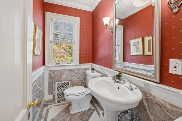 133AKA139 Hampshire Rd, Bronxville, NY 10708 - half bathroom with ornamental molding, toilet, wainscoting, wallpapered walls, and marble finish floors