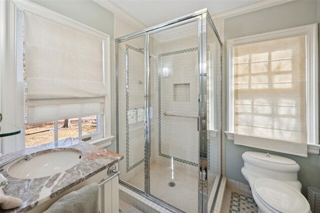 133AKA139 Hampshire Rd, Bronxville, NY 10708 - bathroom with a stall shower, toilet, vanity, ornamental molding, and tile patterned flooring