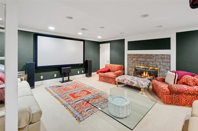 133AKA139 Hampshire Rd, Bronxville, NY 10708 - carpeted home theater room featuring a stone fireplace, recessed lighting, and ornamental molding