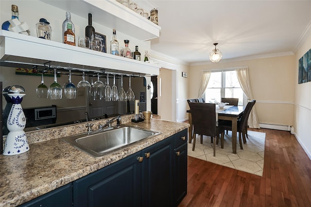 kitchen featuring sink, crown molding, dark hardwood / wood-style flooring, and baseboard heating