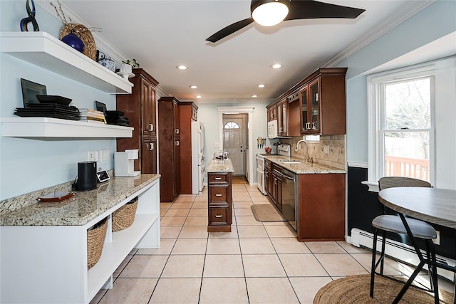 kitchen featuring white appliances, light tile patterned floors, crown molding, and a baseboard heating unit