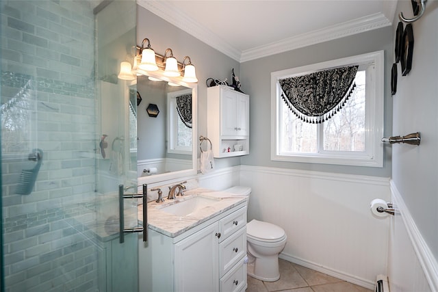 bathroom with vanity, walk in shower, toilet, tile patterned floors, and ornamental molding