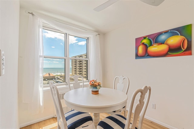 dining room featuring a water view and light wood-type flooring