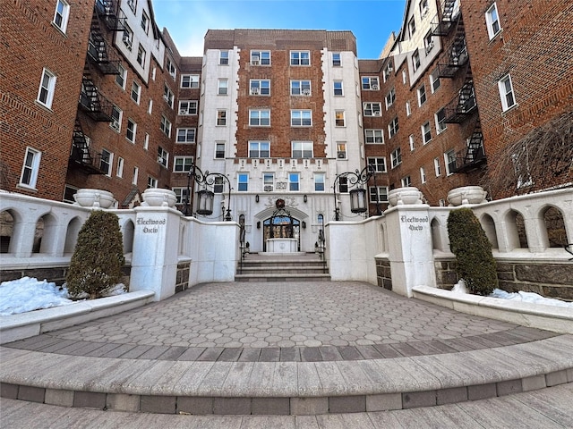 view of snow covered building