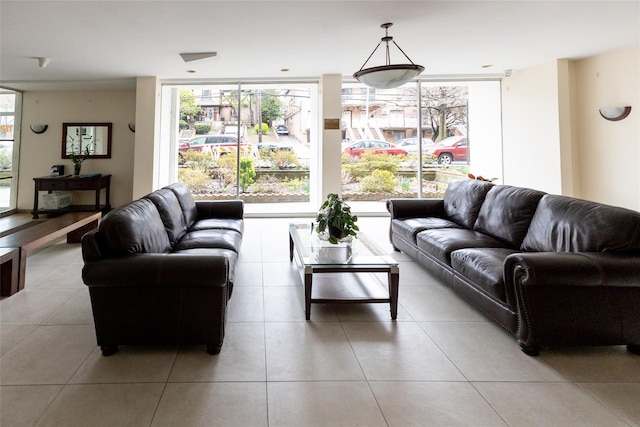 living area featuring a wealth of natural light and light tile patterned floors