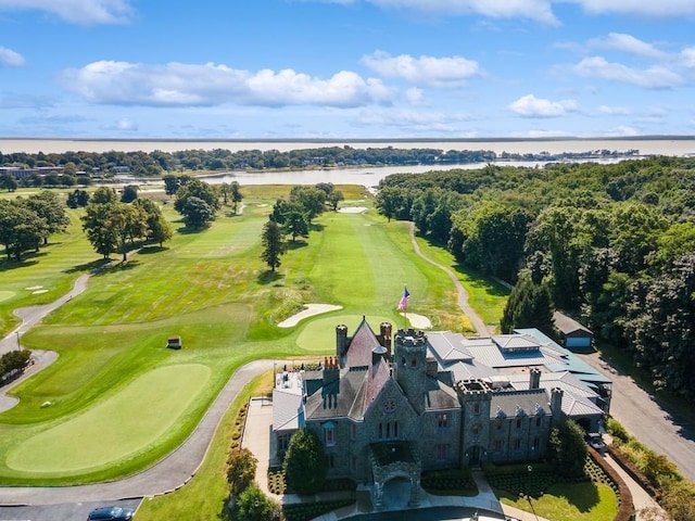 bird's eye view with a water view and view of golf course