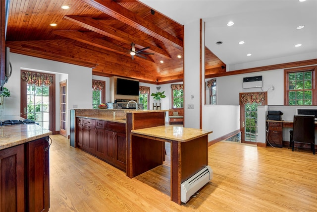 kitchen with lofted ceiling with beams, a wall unit AC, a baseboard heating unit, wood ceiling, and open floor plan