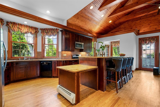 kitchen with wooden ceiling, a baseboard heating unit, appliances with stainless steel finishes, and light wood finished floors